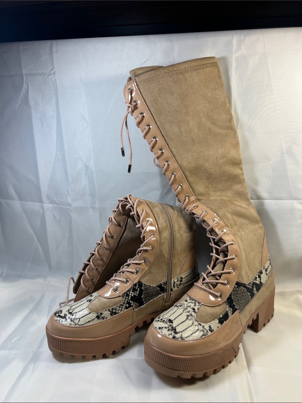 Cape Robbin Tan Lace-Up Platform Snake-Print Boots